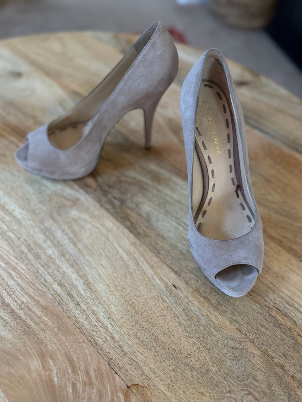 Enzo Angiolini Taupe Suede Peep-Toe Platform Pumps